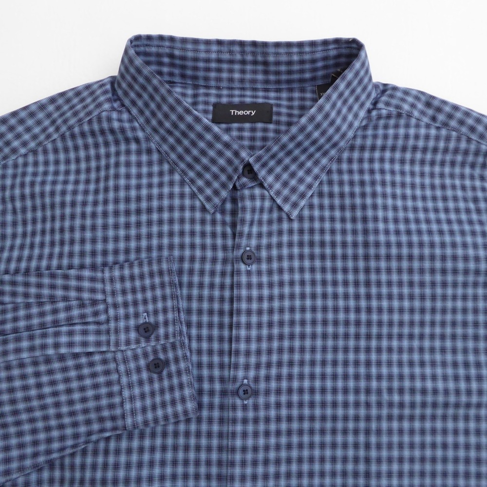 Theory Mens Button Down Shirt Long Sleeve Blue Irving Fade Check Cotton XXL